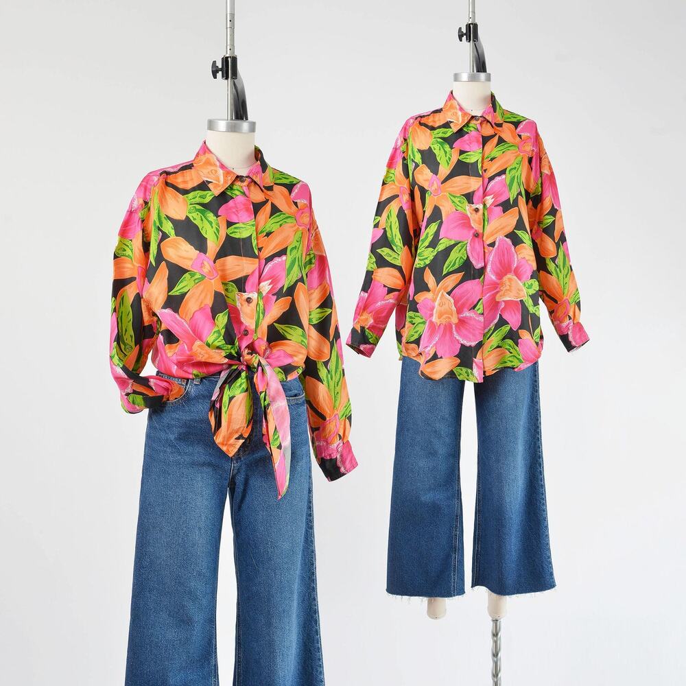 Vintage 90s Silk Blouse Tropical Floral Shirt Oversized Button Down XS S